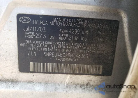 2008 Hyundai Sonata Se from USA, damaged, VIN 5NPEU46C28H348366